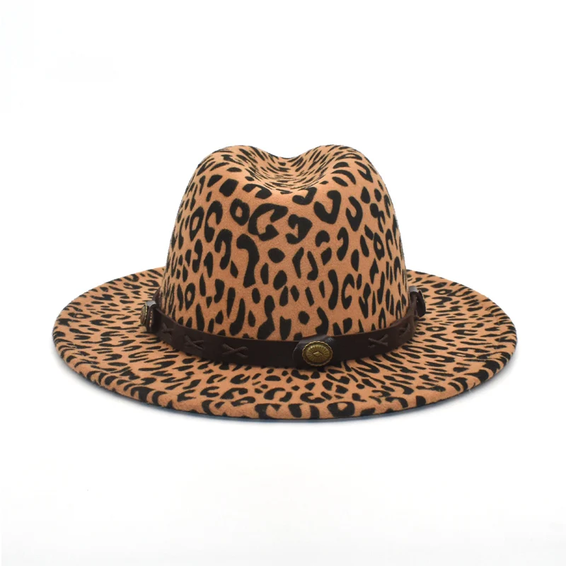 Simple Unisex Flat Brim Wool Felt Jazz Fedora Hats Men Women Leopard Grain Leather Band Decor Trilby Panamal Hats F93