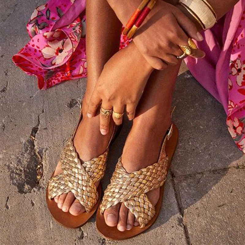 Женские сандалии с перекрестными ремешками шлепанцы Соломенные Кожаные в стиле