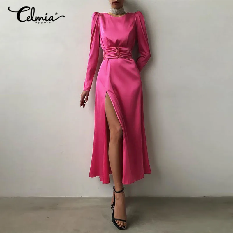 

2022 Fashion Satin Party Maxi Dress Celmia Women Sexy Backless Long Puff Sleeve Vestidos Elegant Split Hem Belted Sheath Robes