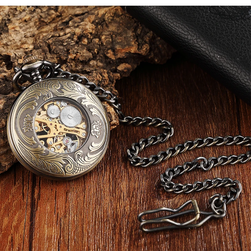 Horse Patterned Mechanical Pocket Watch Antique Roman Numerals Dial Fob Chain Hanging Collection Clock with Gift Box for Men