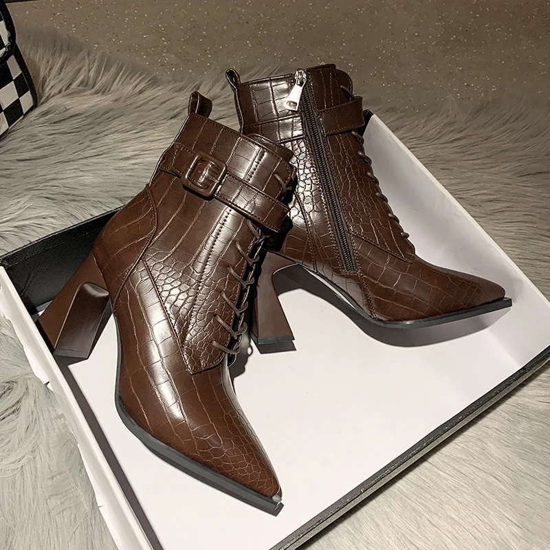 

Women's autumn and winter ankle boots 2021short plush zipper laces thick high heels pointed toe PU leather women's boots fashion