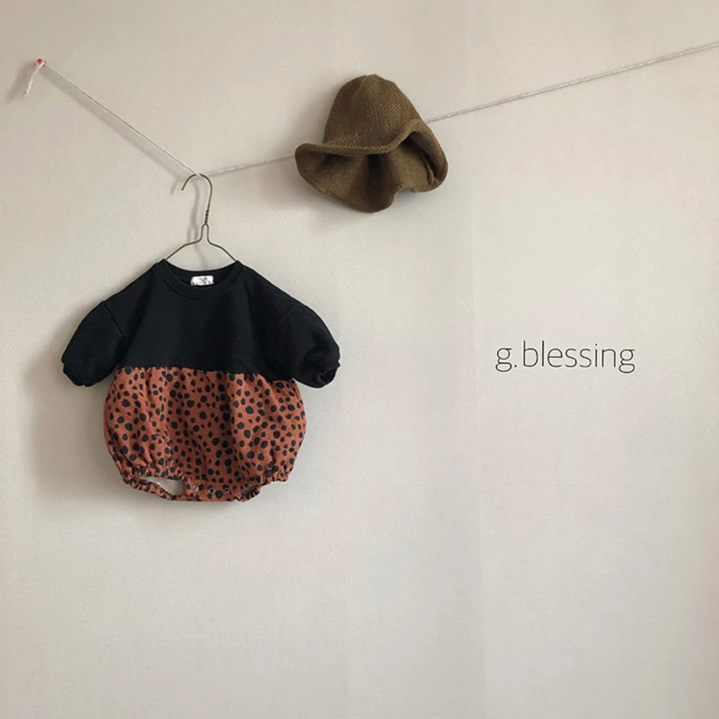 

Baby Girl Bodysuits Leopard Print Plush Korean Baby Fashion Pattern Splicing Package Fart Creeper Little Girls Clothing