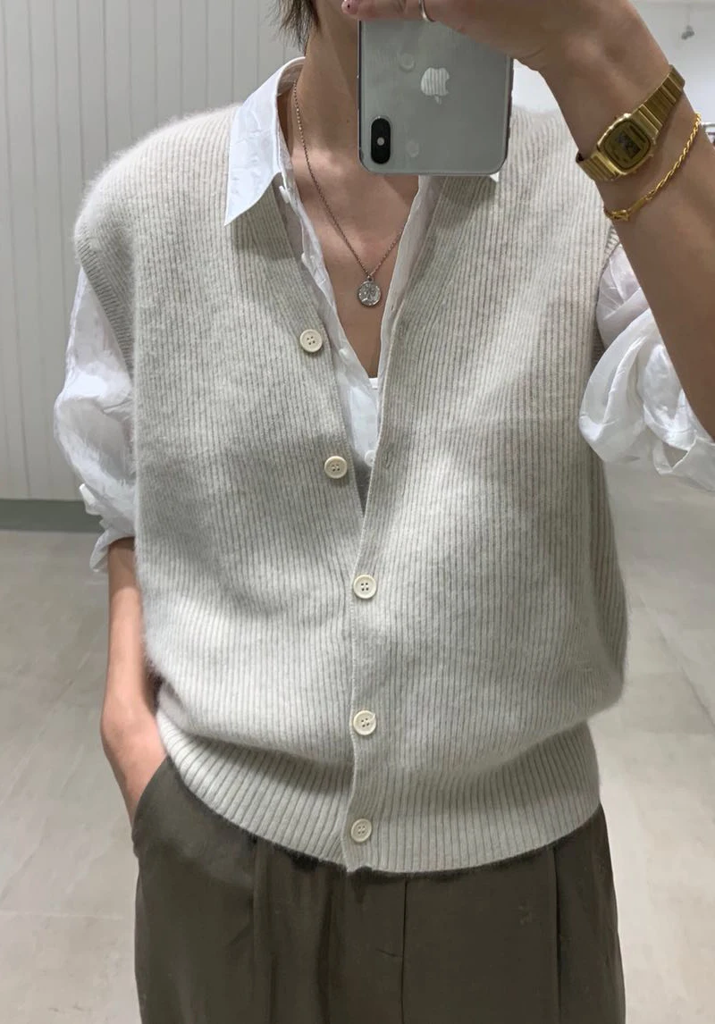 

Knitted Sweater Vest Women Stretchy Simple Basic Daily V-neck Solid Open-stitch Female Korean Clothes Dropshipping