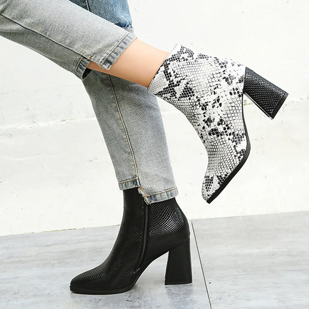 Змеиная кожа зимние ботинки Для женщин с маленьким острым носком обувь на тонком