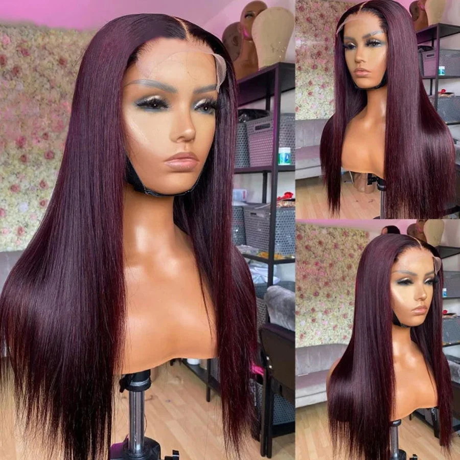 

180% 99J Colored Lace Front Human Hair Wigs Dark Burgundy Transparent Straight Wigs Brazilian 30inch 13*6 T Part Lace Wigs Remy
