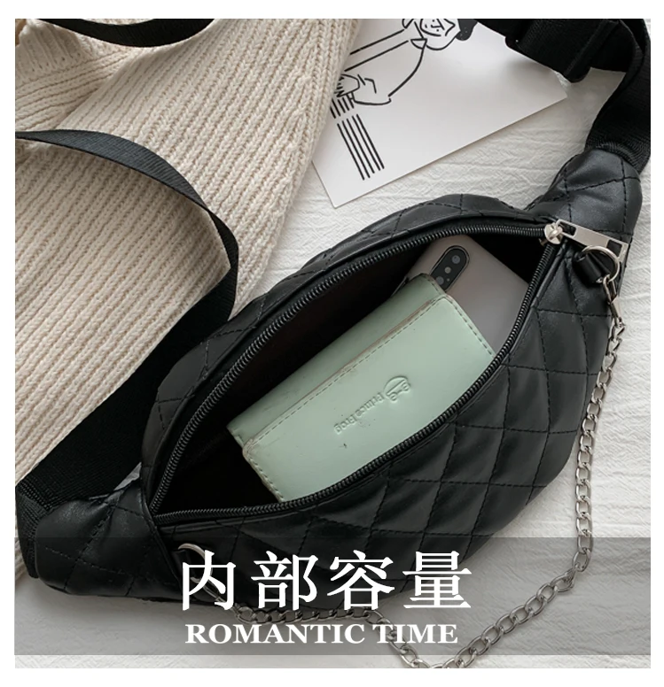 

Women Style Black Plaid Waist Bag PU Leather Vintage Fanny Pack Chains Chest Bag Designer Shoulder Sling Bags for Women 2020