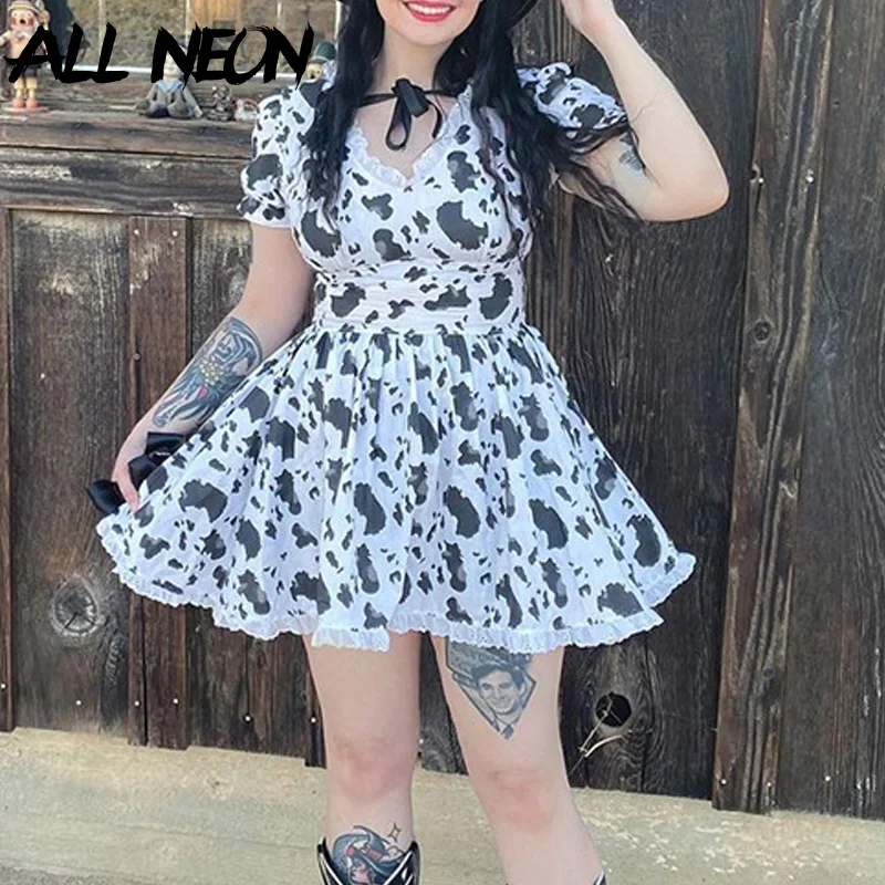 

ALLNeon E-girl Aesthetics Kawaii Cow Print Puff Sleeve Dresses Y2K Fashion Cute Lace Trim V-neck A-line Mini Dress Alt Outfits
