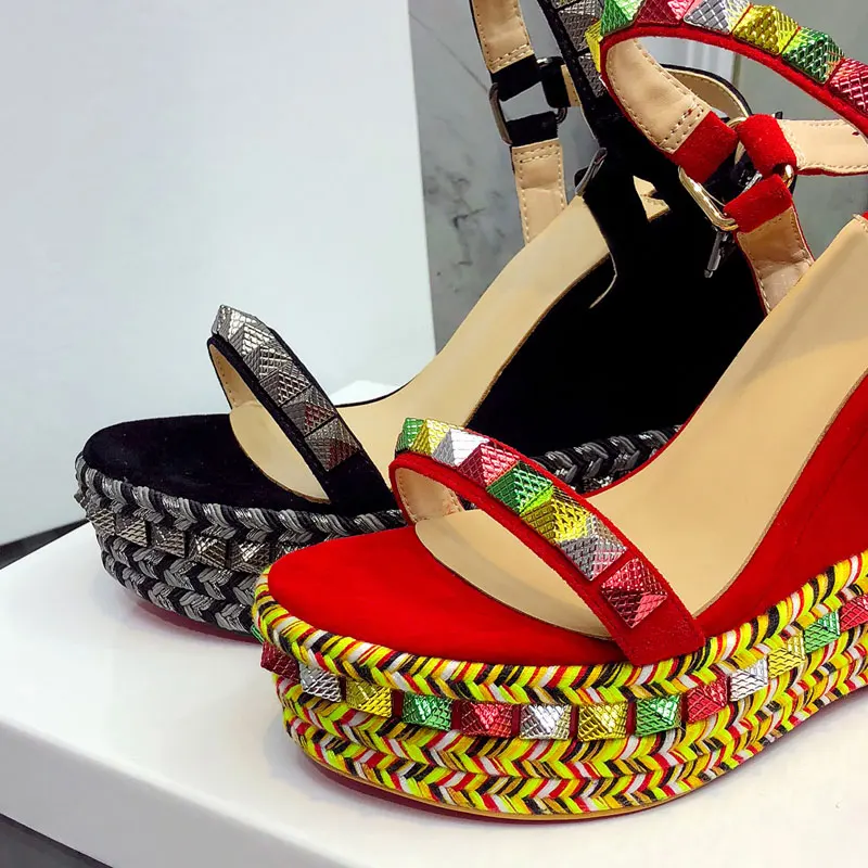 

Platform Sandals Women Designer Open Toe Rivet Mixed Color Wedges Shoes For Women Runway High Heels Sexy Runway Shoes 2019