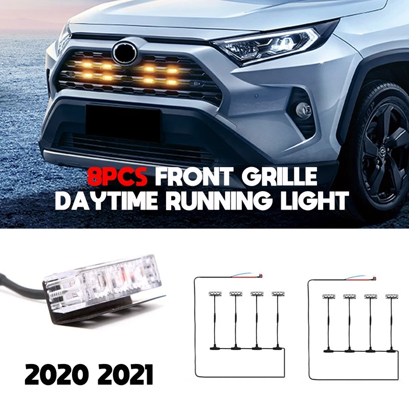 

8PCS Car Front Grille LED Lights, for Toyota RAV4 2020 2021 DRL External Grille Driving Lamps