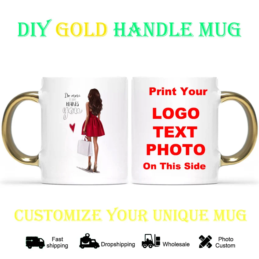 

DIY Cartoon Red dress girl Mug photo Custom cup Print logo Made Gold handle Coffee Mugs Cups Gift for Family KTDZ-RW-006-JB