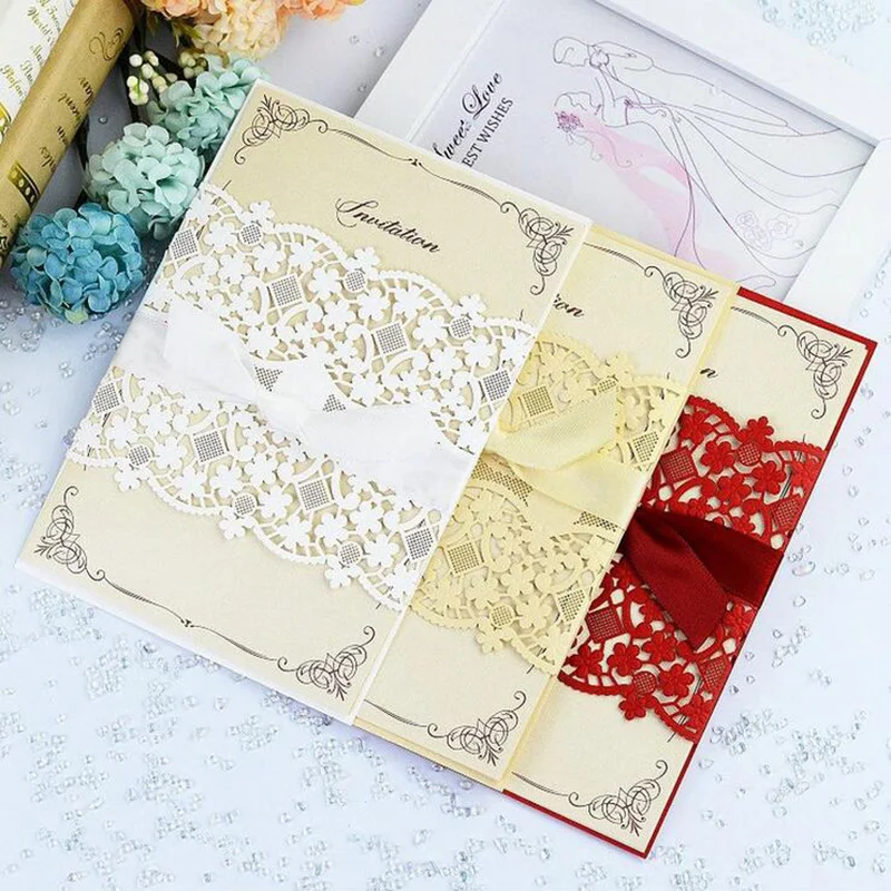 

50pcs Gold Red White Laser Cut Wedding Invitations Card Lace Flower Greeting Cards Customize With Ribbon Wedding Party Supplies