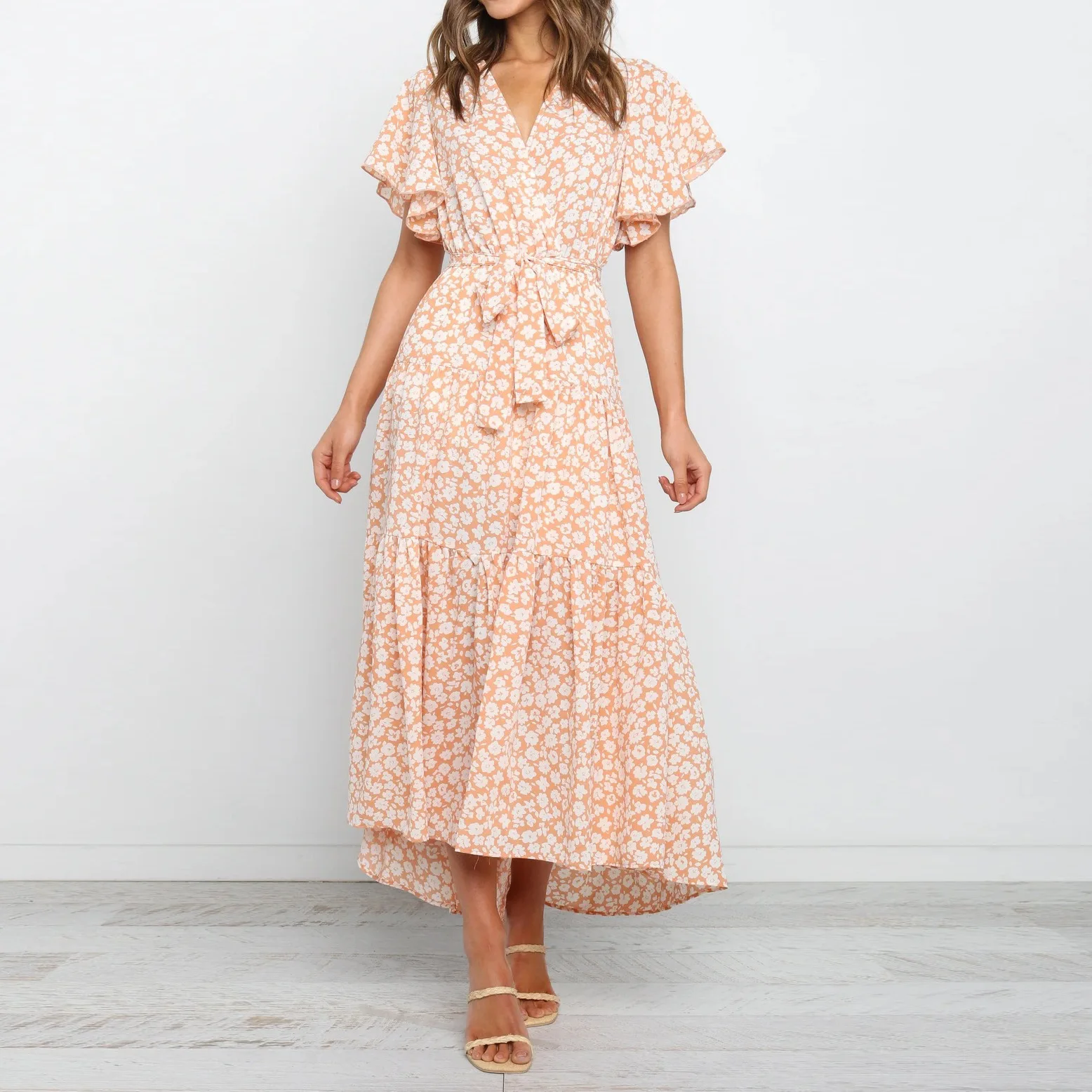 

Summer dress 2021 spring European and American women's skirts printed hedging short-sleeved V-neck holiday dress