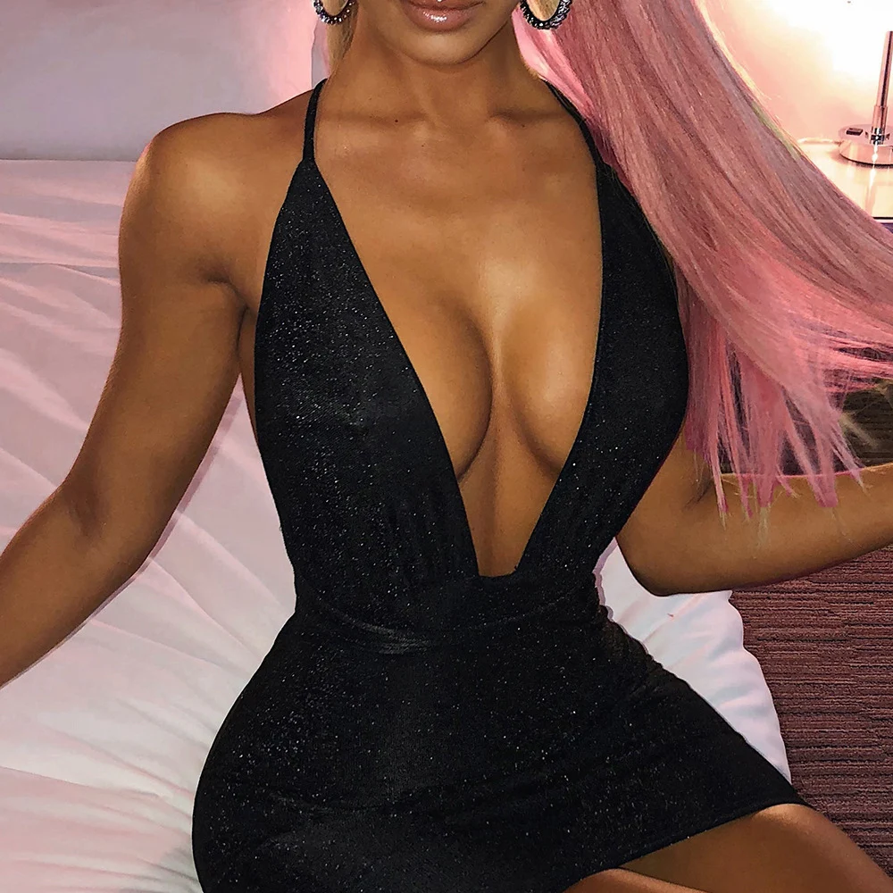 

Summer Sexy Deep V-neck Bodycon Mini Dress Women Fashion Solid Sequin Lace Up Bandage Backless Woman Evening Party Dresses Robe