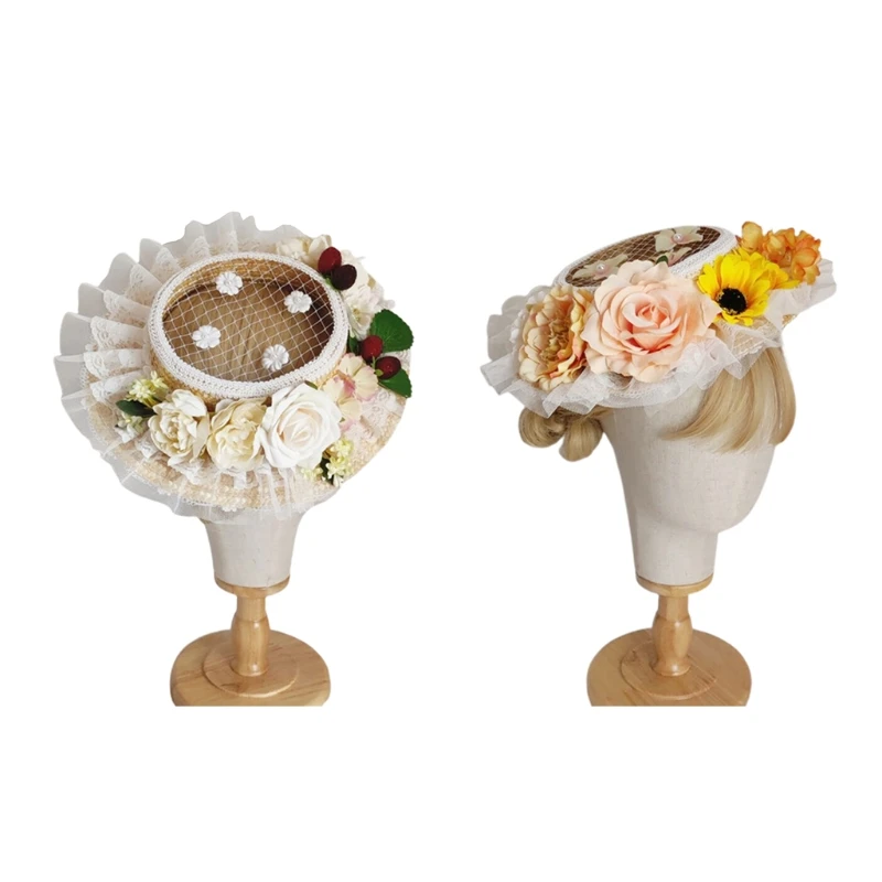 

Ruffle Lace Flower Staw Hat for Women Lolita Headdress Gorgeous Hair Accessories 35EF