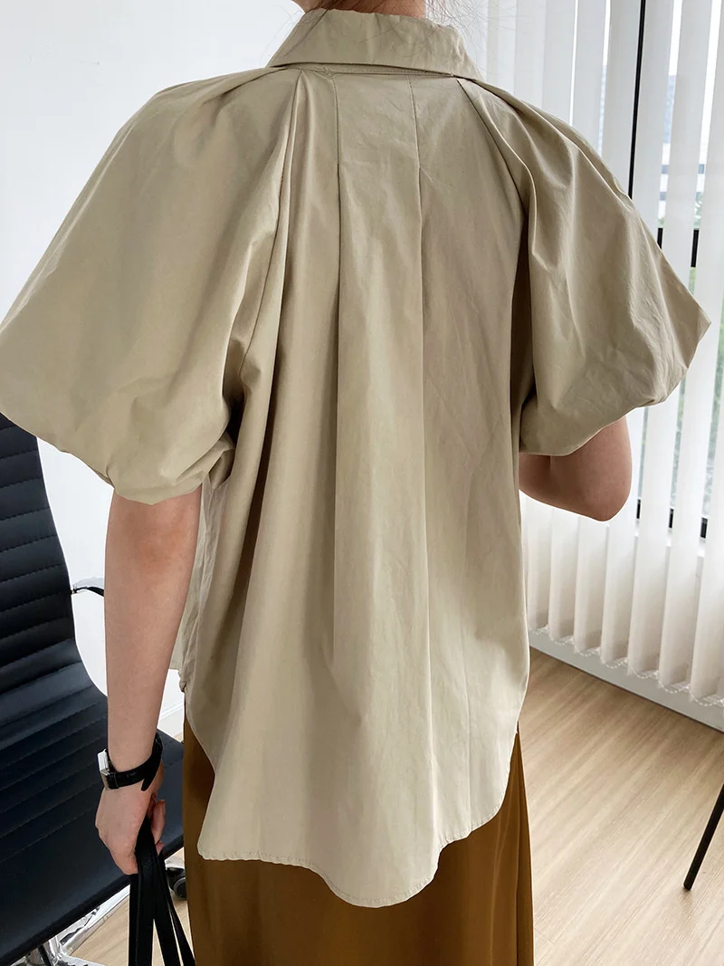 

90% Cotton Puff Sleeve Big Pocket Women Shirts Turn Down Collar Short Sleeve Loose Casual Solid Women Shirt For Summer Tops 2021