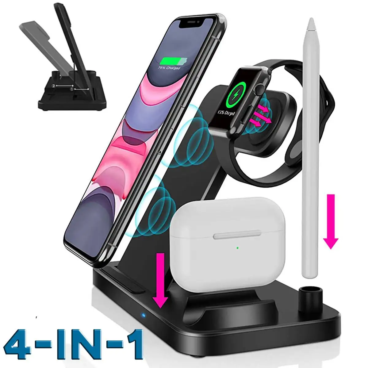 

15/10W Fast Wireless Charger Stand For iPhone 11 12 X 8 Apple Watch 4 in 1 Foldable Charging Dock Station for Airpods Pro iWatch
