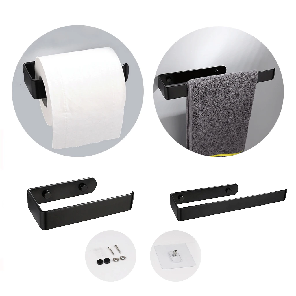 

Black Paper Roll Towel Holder Rack Kitchen Bathroom Home Organizer Shelf, Self Adhesive & Screw Mounted