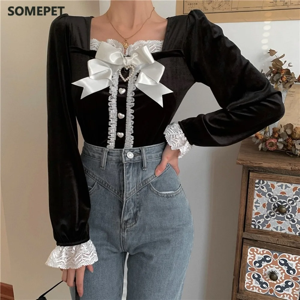 

Women Velour Blouse Korean Lace Parchwork Pullover Sweet Bowknot Square Collar Shirt Autumn Winter Blusas