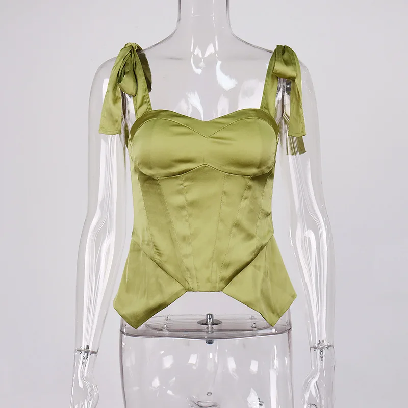

Pre-sale Women Corset 2021 Spring Bandage Bow Ruffle Tank Bustier Crop Top Sexy Bone Patchwork Cincher French Style Green