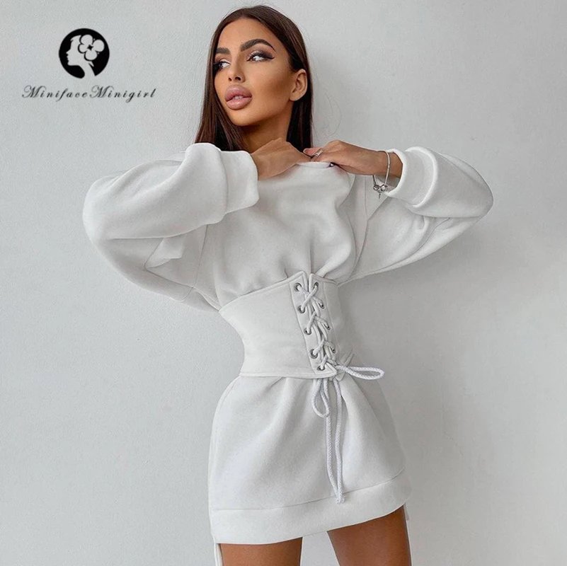 

Women Off Shoulder Waist Corset Belt Sweatshirt Short Dress Irregular Adjustable Lace Up Long Sleeve Bustier Bodyshaper Clubwear