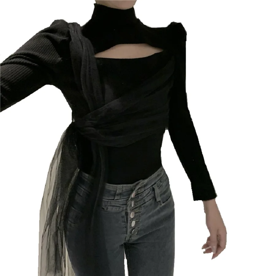 

Summer knitting net yarn hollow stretch tight-fitting ladies tops T-shirts2021New women's wear long-sleeved fashion pullovers XL