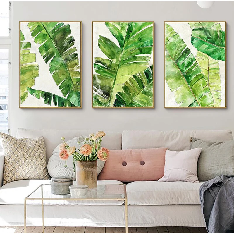 Watercolor Tropical Plant Green Leaves Canvas Painting Art Print Poster Picture Wall Modern Minimalist Bedroom Living Room Décor | Дом и сад