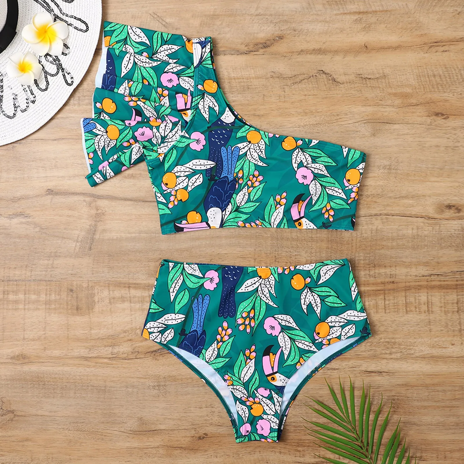 

Bikinis Feminino 2021 Bikini Leaf Print Swimsuit One-Shoulder High Cut Bikini Set Bathing Suit Women Biquini Beachwear Bikinis
