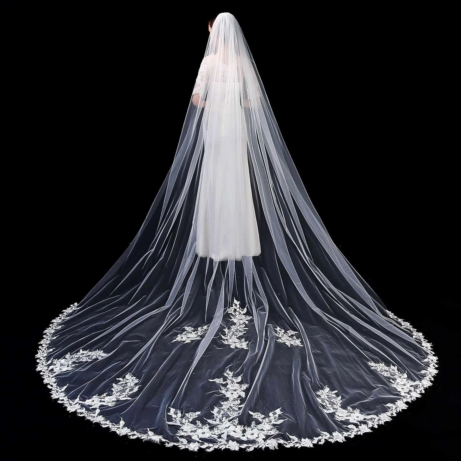 

JaneVini welon slubny dlugi 3.5 Meters Long Wedding Veil Lace Appliques One Layer Bridal Veils with Comb Ivory Tulle Mariage