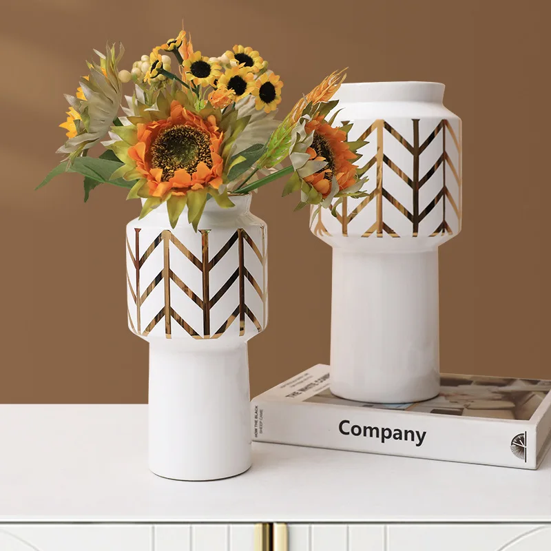 

Ceramic Vase White Vase Golden Lines Home Decor Living Room Decoration Desk Accessories Interior for Home Flower Vases Gift