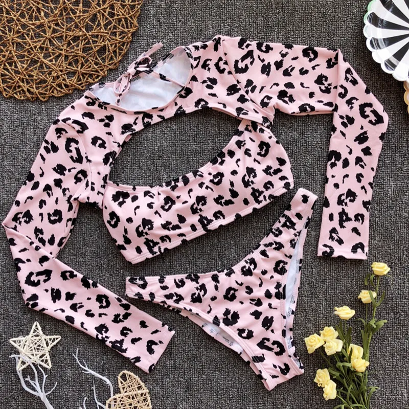 

Leopard Swimsuit Sexy Bikinis 2020 Women Summer Beach Bathing Suit Women Long Sleeve Sunscreen Triangle Bikini Set Women
