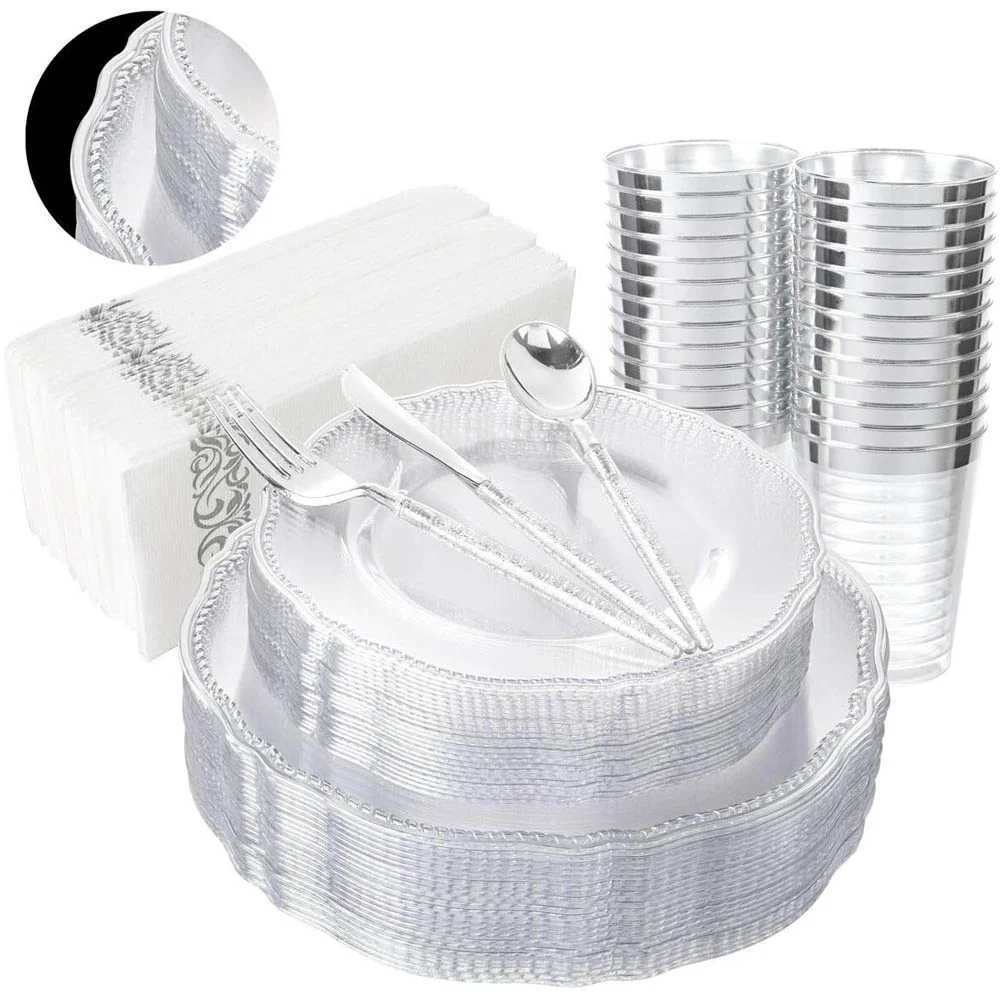 

85 Pieces Of Disposable Party Tableware Transparent Golden Plastic Tray Set For Wedding Party Holiday Event Decoration