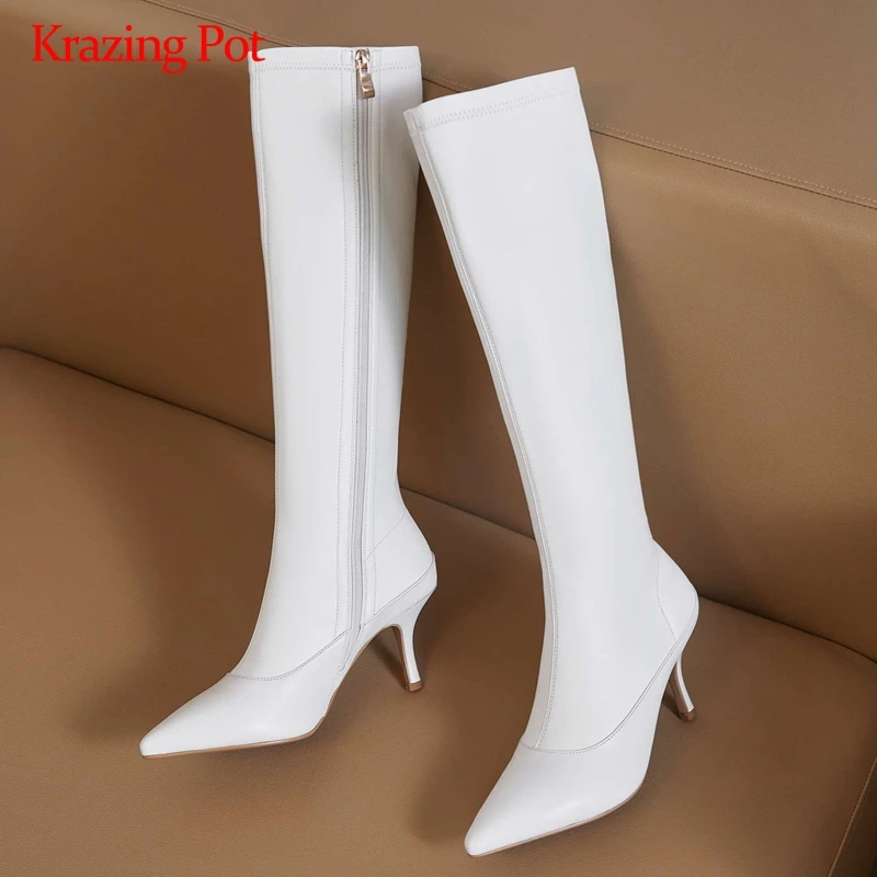 

Krazing Pot riding boots natural leather large size gorgeous pointed toe thin high heel zipper beauty girls thigh high boots L57