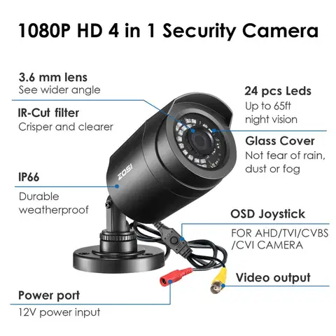 Камера видеонаблюдения ZOSI, 1080P, TVI, AHD, водонепроницаемая, с поддержкой ночного видения