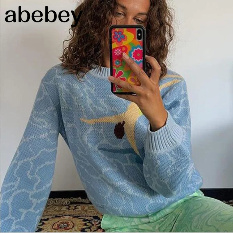 

Трикотажные свитера Y2K с мультяшным принтом, осенние свободные повседневные пуловеры, уличная одежда, винтажный милый трикотажный свитер в ...