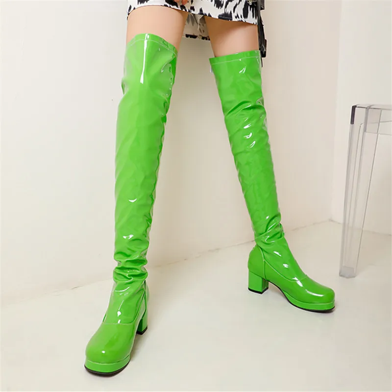 

Fashion Over the Knee Boots Women Orange black Red Yellow Green Thigh High Boots Square High Heels Party Shoes Lady Plus Size 43