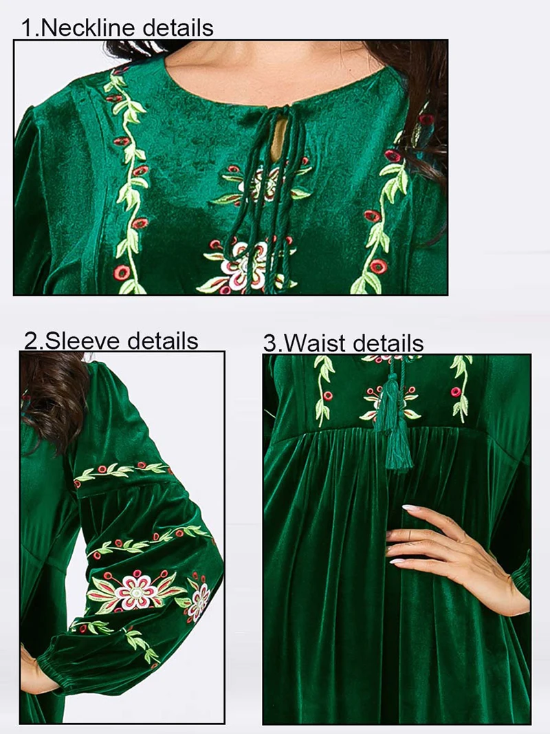Цветочные бархатные abaya для женщин Дубай мусульманский кафтан женская одежда зима осень длинное платье Зеленый Кафтан vestido manga larga