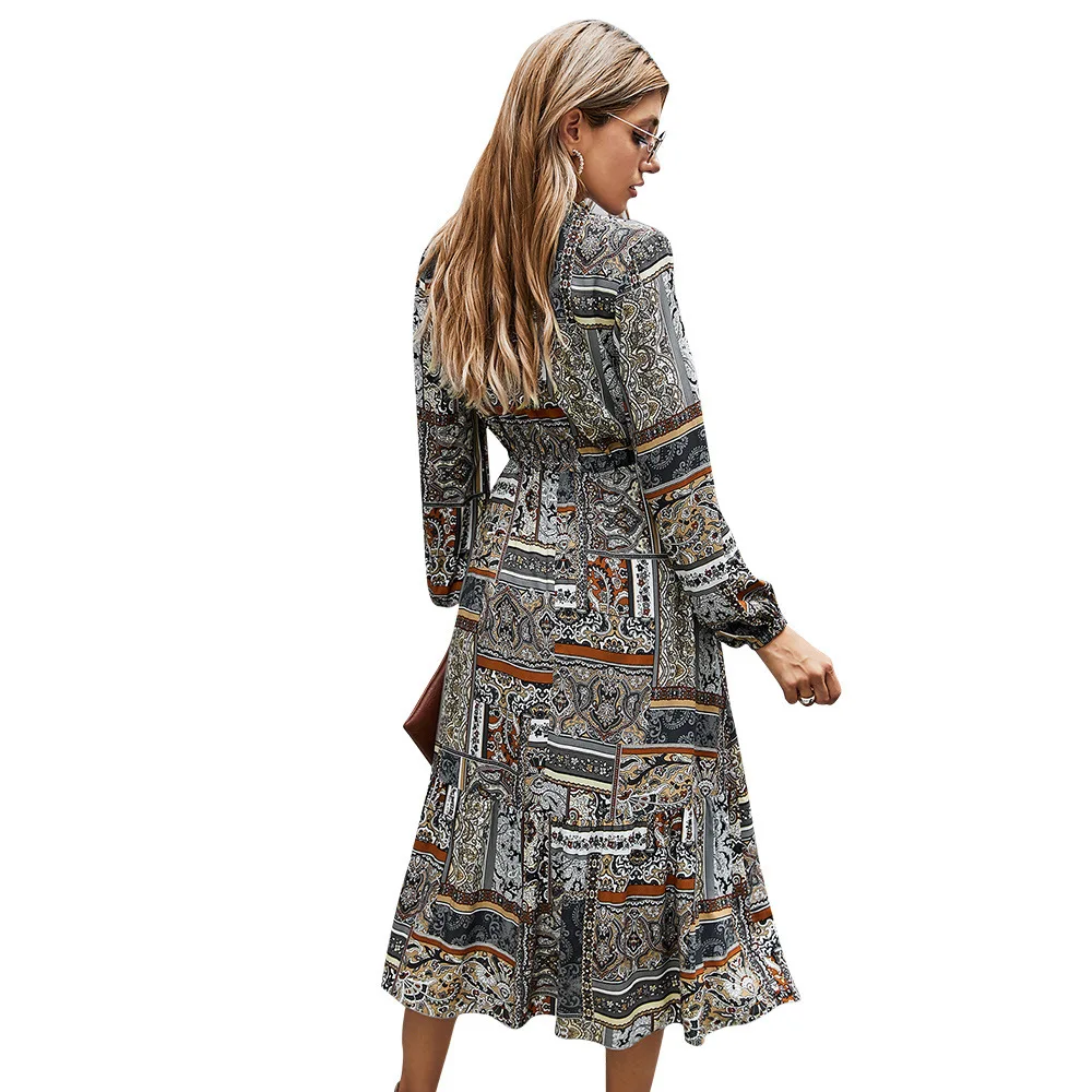 

High Street A-Line dress women 2020 Autumn Contrast Color Floral Printed Midi Red Dress Female Dress clothing women vestido