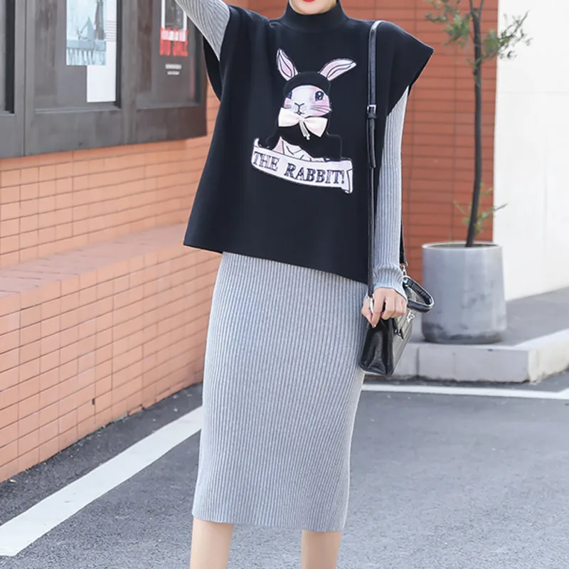 

Женский трикотажный комплект из двух предметов, повседневный жилет с рисунком и сексуальное облегающее Платье макси с разрезом, Осень-зима ...