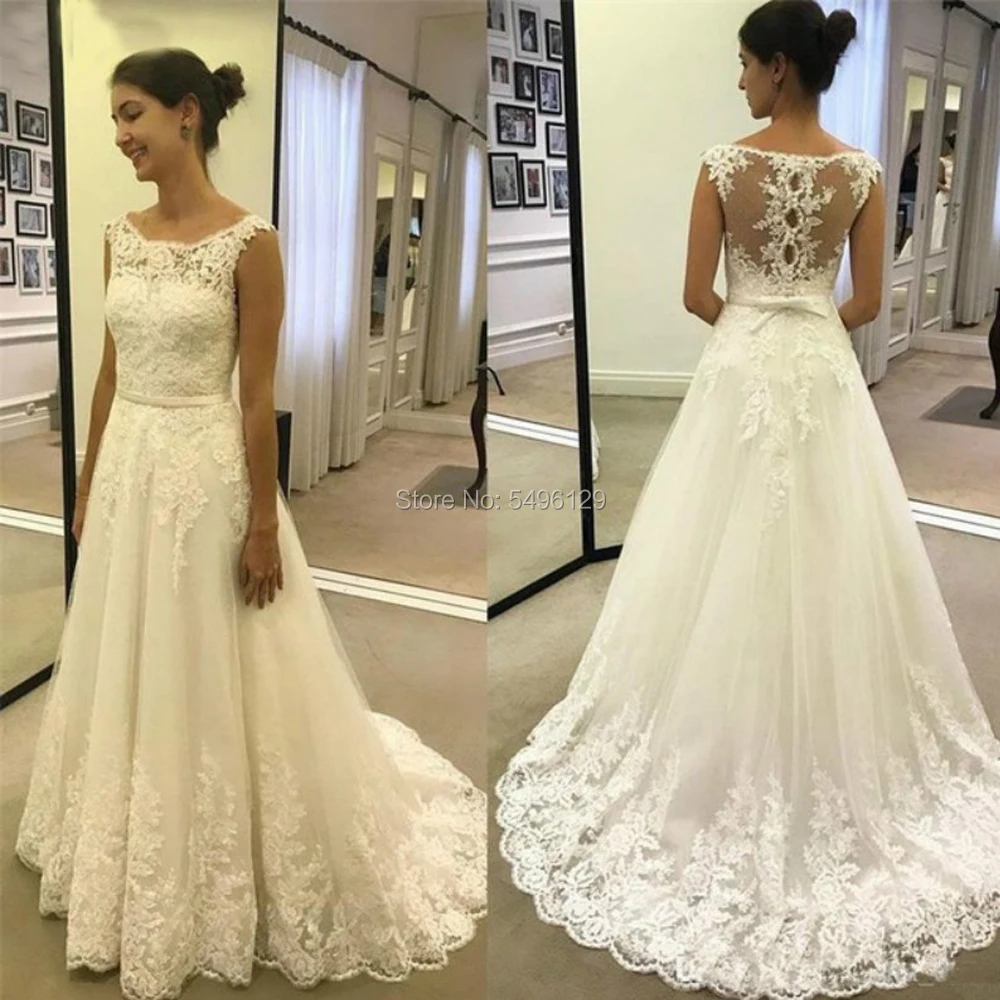 

Fabulous Long Wedding Dresses Scoop Neckline Cap Sleeve Sweep Train Ivory Applique Tulle A-Line Bride Gown Vestido De Noiva 2021