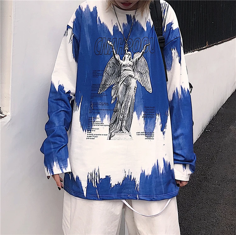 Осень Корея ulzzang Харадзюку улица Винтаж BF tie-dye Ангел печати o-образным вырезом пуловер свободная повседневная женская футболка с длинными рукавами