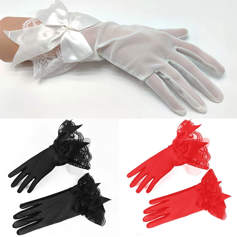 

Женские свадебные перчатки с большим бантом, с жемчугом, с открытыми пальцами, Элегантные короткие сексуальные кружевные перчатки с сеткой,...