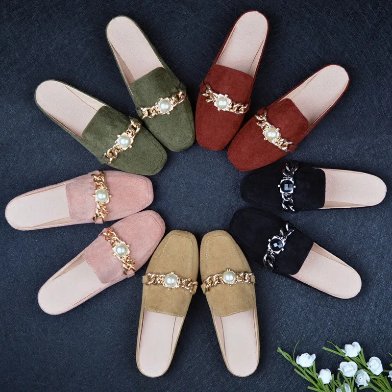 Wholesale Summer Women's Mules Shoes Fashion Low Heel Lazy Slippers Female Suede Brand Designer Slides Ladies Pumps Footwear Big