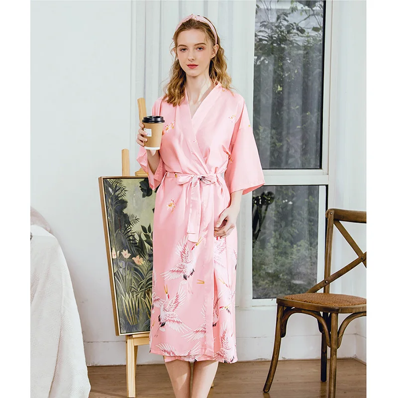 

robes women robe pajamas sleepcoat sleepwear thin robe spring/summer/autumn pajamas crane print pink/red/black/cyan