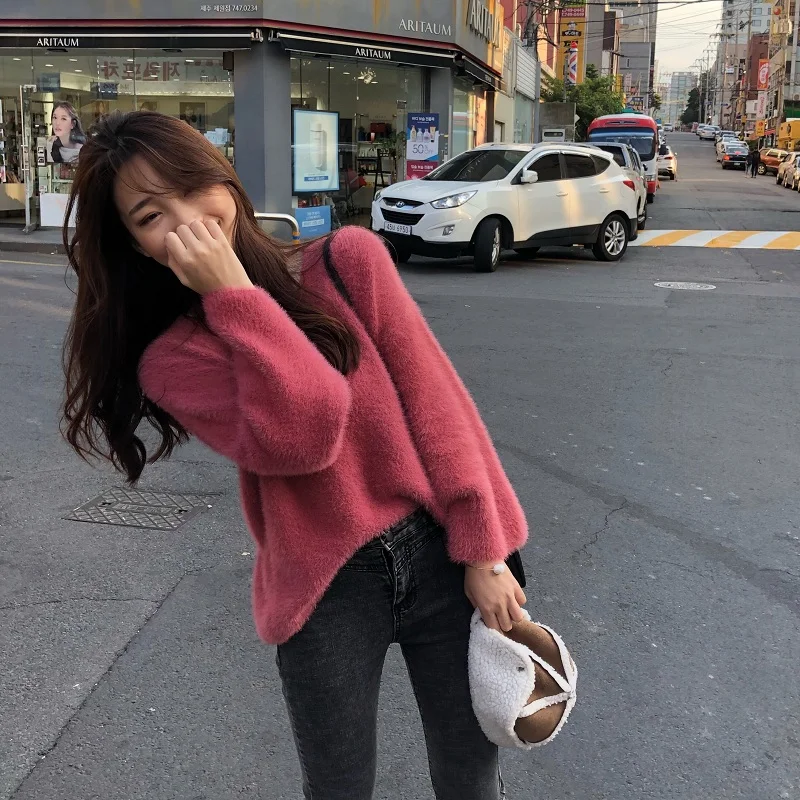 Осень корейский ins Harajuku сладкий винтажный сплошной цвет вязаный свитер женский модный Свободный v-образный вырез с длинными рукавами женский свитер