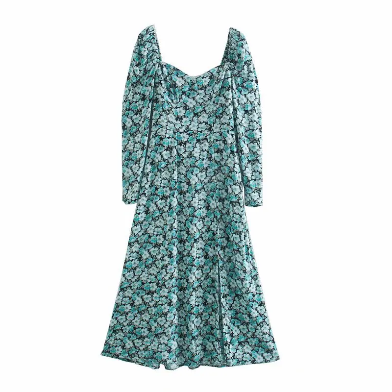 

2021 Spring New Street Fashion Elegant Sexy Square Neck Printed Long Sleeve Women's SkyBlue Floral Bifurcated Dresses