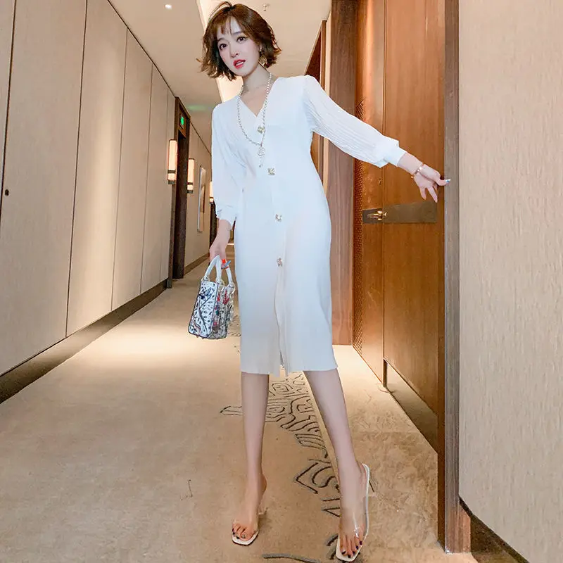 

Women's 2020 Autumn New Fashion Korean Fashion Elegant High Waist Slim Split Dress