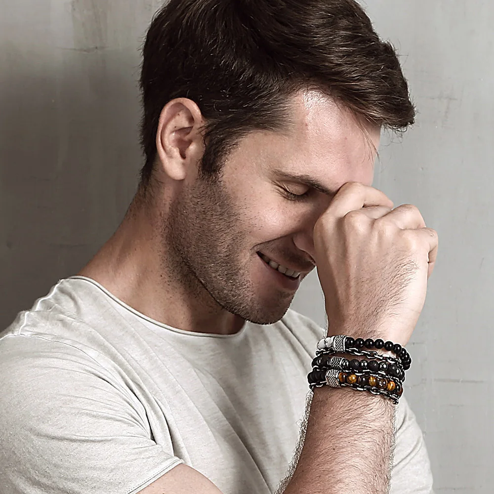 

Mens Bracelets Beaded Tiger Eye Stone Lava Lapis Lazuli Gunmetal Stainless Steel Charm Wheat Rolo Chain Bracelet for Men LDBM47