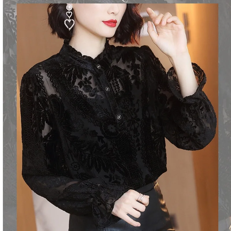 Перспективная кружевная женская блузка с узором 2020 рубашка длинным рукавом Blusas