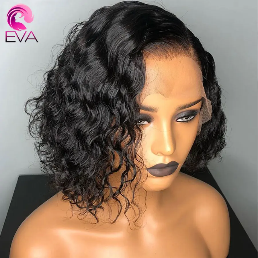 Короткие волосы Eva Bob Glueless 13x6, парики с кружевом спереди, предварительно сорванные с волосами младенца, бразильские волосы Remy, кудрявые человеческие волосы, парики для черных женщин