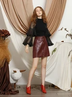 womens sexy burgundy technical leather skirt